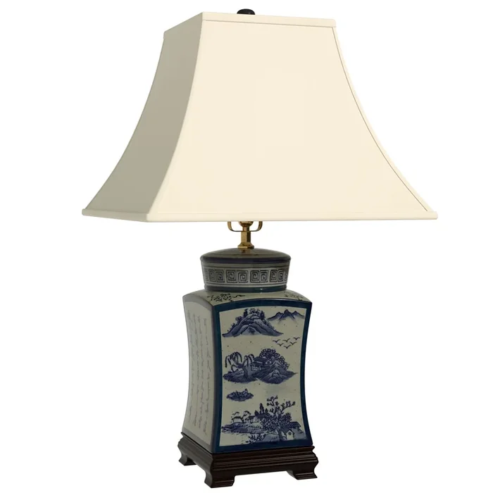 25″ Blue & White Chinese Calligraphy Porcelain Lamp