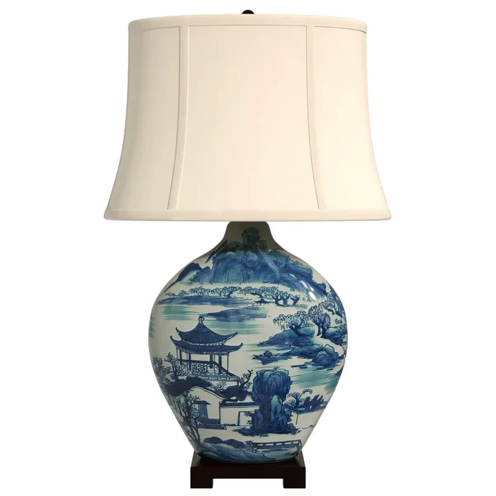 32″ Blue and White Ming Landscape Vase Lamp