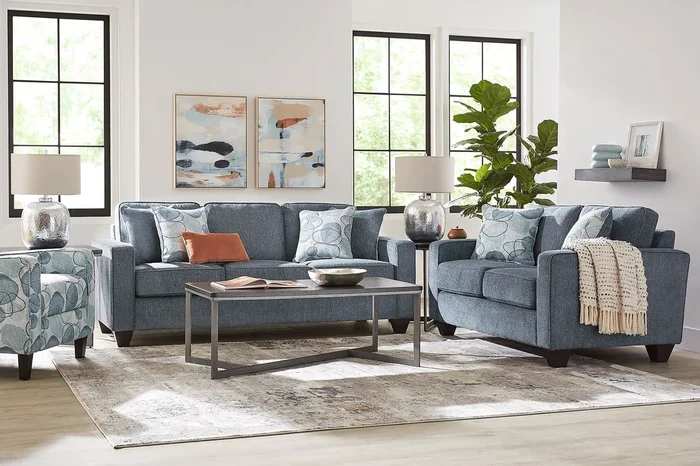 Alanis Bay 7 Pc Blue Woven Sleeper Living Room Set With Loveseat, Sleeper Sofa, Table Set, Table Lamp