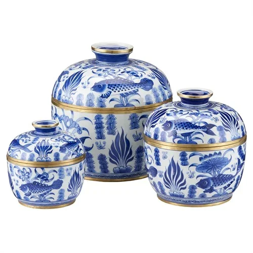 Amoura Coastal Beach Blue Ceramic Tureen – Set of 3