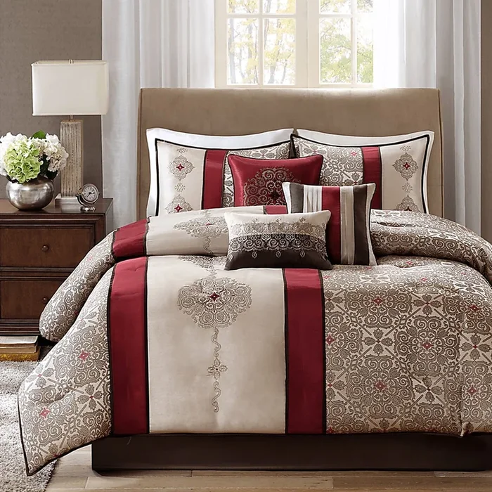 Aragonne Red Cotton,Polyester Fabric 7 Pc Queen Comforter Set