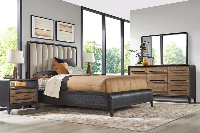 Archer Grove 5 Pc Black Black,Colors Polyester Fabric King Bedroom Set With Dresser, Mirror, King Upholstered Bed