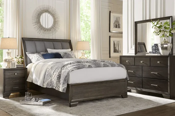 Beckwood 7 Pc Gray Queen Bedroom Set With Mirror, 3 Pc Queen Upholstered Sleigh Bed, Dresser, Nightstand