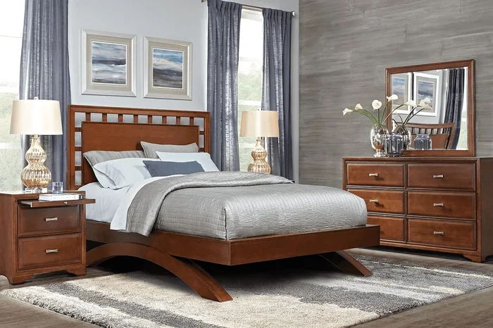 Belcourt 5 Pc Brown Cherry Dark Wood King Bedroom Set With Dresser, Mirror, 3 Pc King Lattice Arch Bed