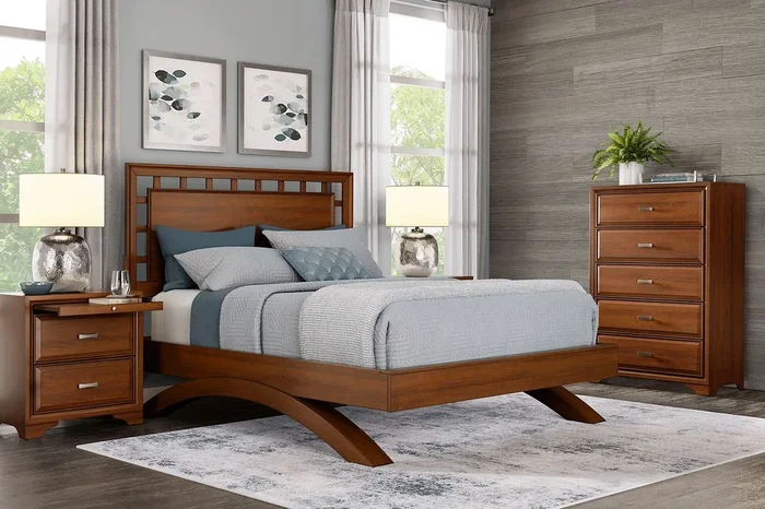 Belcourt 5 Pc Cherry Dark Wood King Bedroom Set With Nightstand, Chest, 3 Pc King Lattice Arch Bed