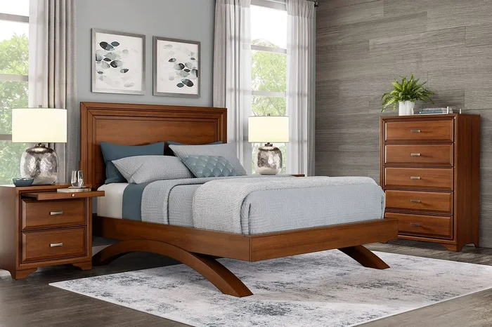 Belcourt 5 Pc Cherry Dark Wood Queen Bedroom Set With 3 Pc Queen Panel Arch Bed, Nightstand, Chest
