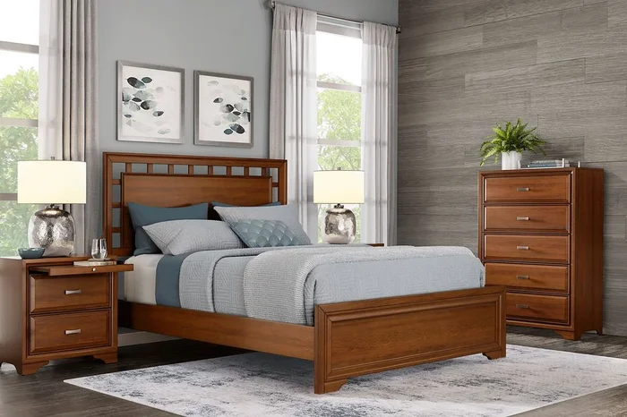 Belcourt 5 Pc Cherry Dark Wood Queen Bedroom Set With Nightstand, Chest, 3 Pc Queen Lattice Bed