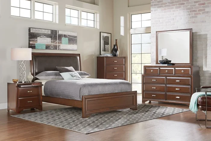 Belcourt 5 Pc Cherry Dark Wood Queen Bedroom Set With Nightstand, Chest, 3 Pc Queen Upholstered Bed