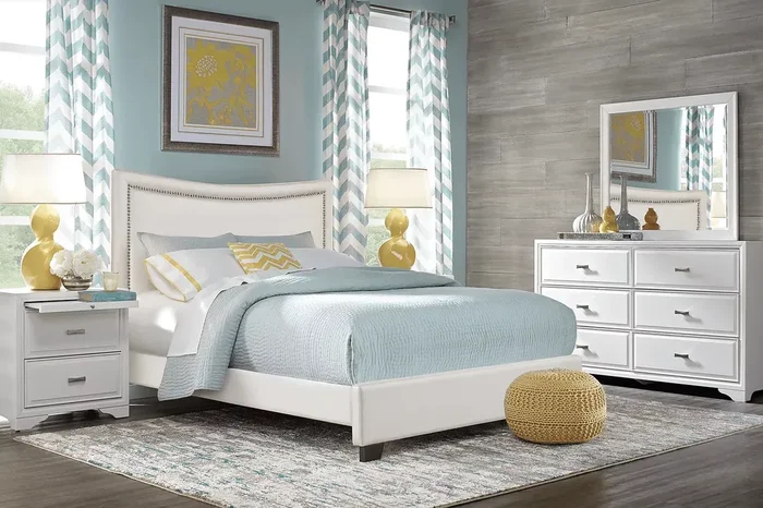 Belcourt 5 Pc White Colors,White Ivory Beige King Bedroom Set With Dresser, Mirror, 3 Pc King Bed