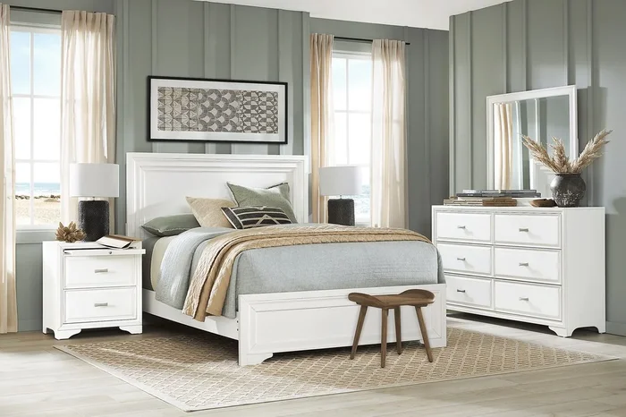 Belcourt 5 Pc White Colors,White Queen Bedroom Set With Dresser, Mirror, 3 Pc Queen Panel Bed
