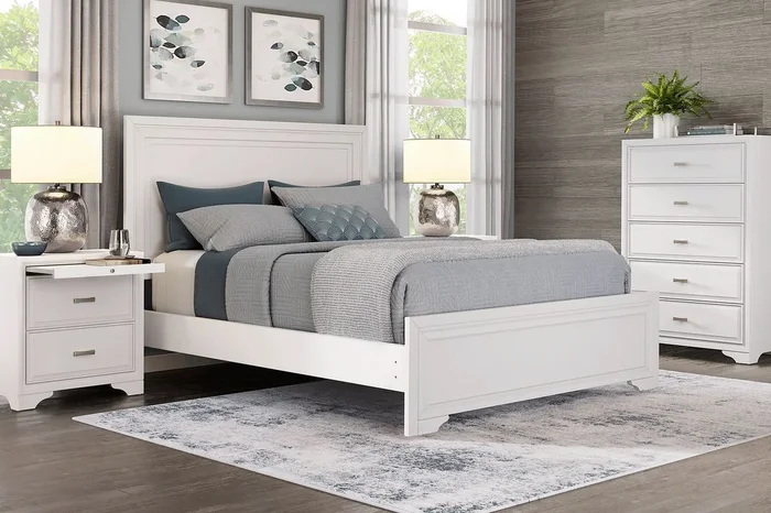 Belcourt 5 Pc White Colors,White Queen Bedroom Set With Nightstand, Chest, 3 Pc Queen Panel Bed