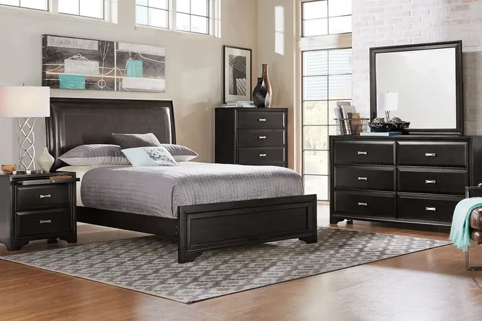 Belcourt 7 Pc Black Black,Colors Queen Bedroom Set With Dresser, Mirror, Nightstand, 3 Pc Queen Upholstered Bed