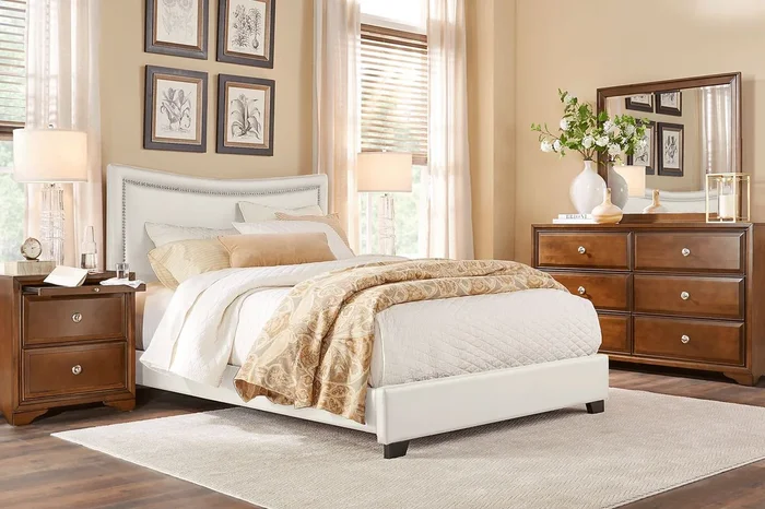 Belcourt 7 Pc Brown Cherry Dark Wood Ivory Beige King Bedroom Set With Dresser, Mirror, 3 Pc King Bed, Nightstand