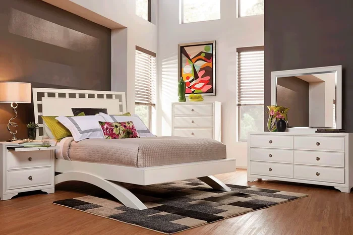Belcourt 7 Pc White Colors,White King Bedroom Set With Dresser, Mirror, Nightstand, 3 Pc King Lattice Arch Bed
