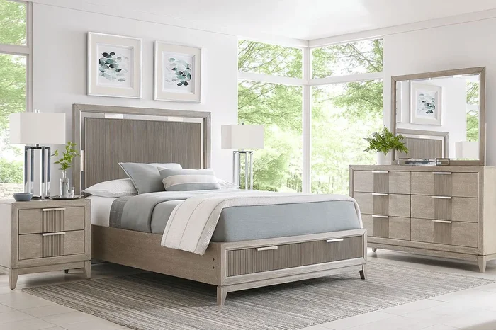 Bellante 5 Pc Gray Queen Bedroom Set With Dresser, Mirror, 3 Pc Queen Panel Bed With Storage