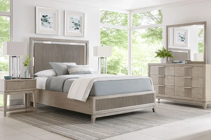 Bellante 7 Pc Gray Queen Bedroom Set With Dresser, Mirror, 3 Pc Queen Panel Bed, One Drawer Nightstand