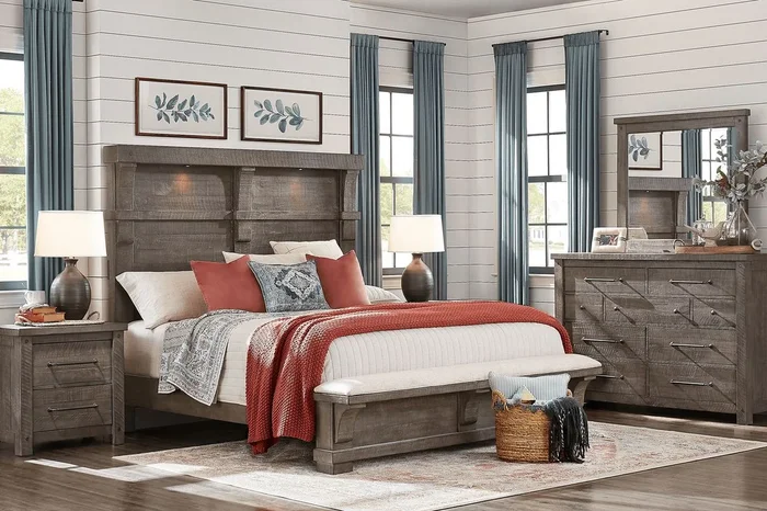 Bretten Crossing 5 Pc Gray King Bedroom Set With Mirror, Dresser, 3 Pc King Bench Bed
