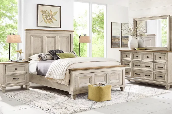 Bridgewood 5 Pc Cream Colors,Light Wood,White Queen Bedroom Set With Dresser, Mirror, Queen Panel Bed