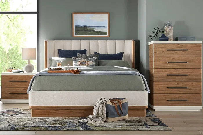 Bristol Bay 5 Pc Brown Dark Wood White Polyester Fabric Queen Bedroom Set With Queen Upholstered Bed, Nightstand, Chest