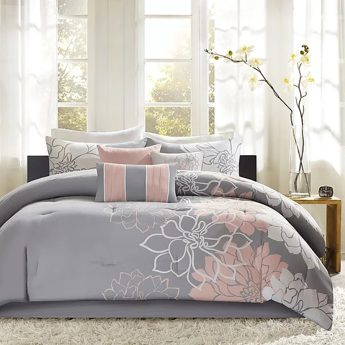 Cabildo Blush,Gray Beige,Gray Cotton,Polyester Fabric 7 Pc King Comforter Set