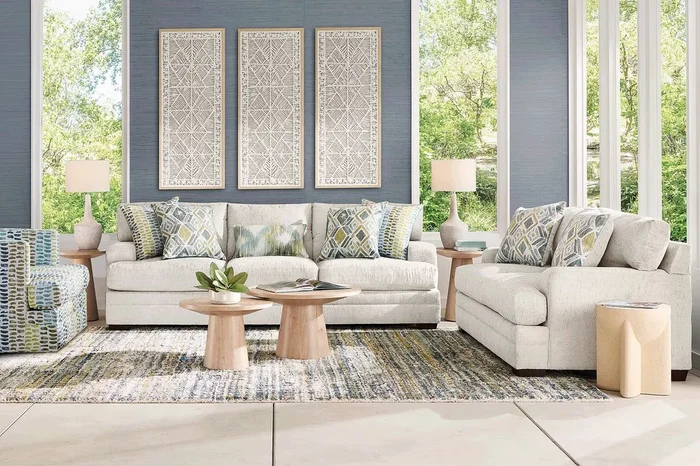 Charlton Park 8 Pc Ivory Beige Chenille Fabric Premium Sleeper Living Room Set With Loveseat, Sleeper Sofa, 4 Pc Table Set, Lamp