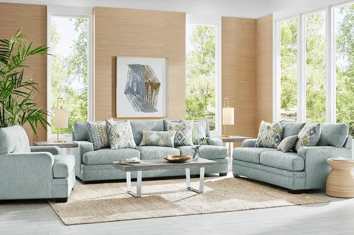 Charlton Park 8 Pc Mist Blue Chenille Fabric Sleeper Living Room Set With Loveseat, Chair, Sleeper Sofa, 3 Pc Table Set, Lamp