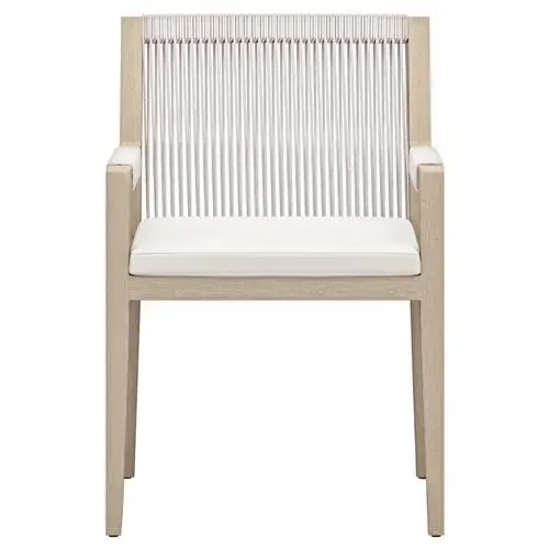 Cheryl Modern White Cushion Woven Rope Natural Teak Outdoor Dining Arm Chair