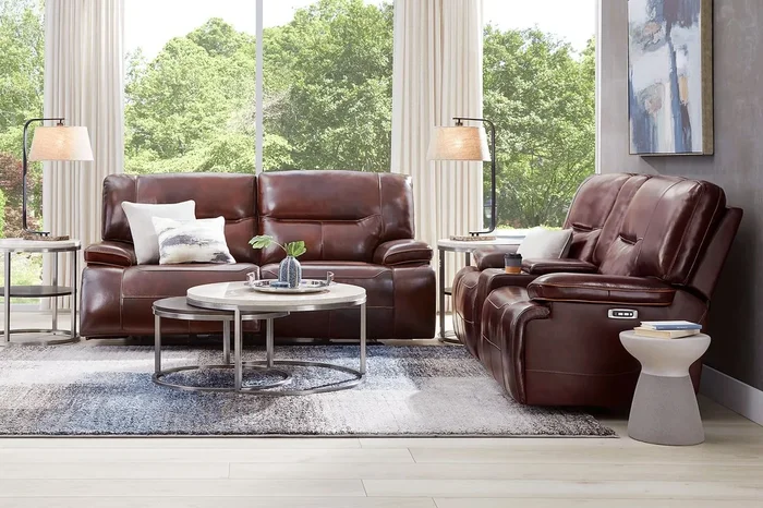 Cindy Crawford Caletta Way 5 Pc Merlot Red Leather Dual Power Reclining Living Room Set With Dual Power Reclining Sofa, Dual Power Reclining Console Loveseat, 3 Pc Table Set