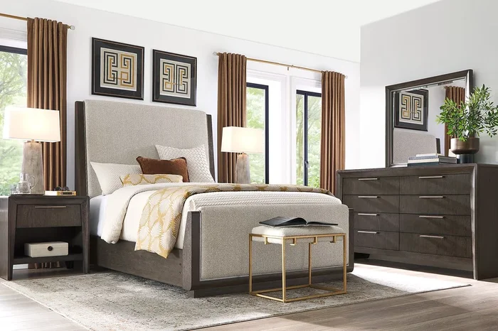 Cindy Crawford Fairfax 7 Pc Gray King Bedroom Set With Dresser, Mirror, King Upholstered Bed, Open Nightstand