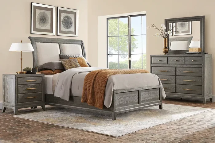Cindy Crawford Kailey Park 5 Pc Charcoal Gray Queen Bedroom Set With Mirror, Dresser, 3 Pc Queen Sleigh Bed