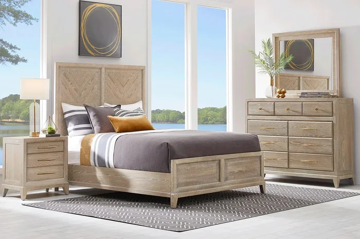 Cindy Crawford Kailey Park 5 Pc Light Oak Wood King Bedroom Set With Mirror, 3 Pc King Panel Bed, Dresser