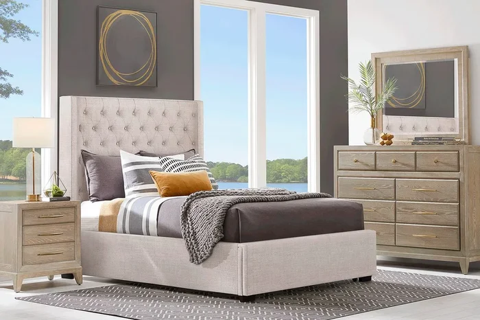 Cindy Crawford Kailey Park 5 Pc Light Oak Wood Taupe Beige King Bedroom Set With Mirror, 3 Pc King Storage Bed, Dresser