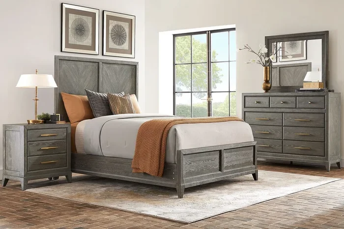 Cindy Crawford Kailey Park 7 Pc Charcoal Gray King Bedroom Set With Mirror, 3 Pc King Panel Bed, Drawer Nightstand, Dresser