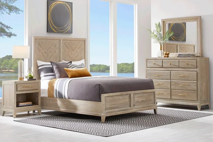 Cindy Crawford Kailey Park 7 Pc Light Oak Wood King Bedroom Set With Mirror, 3 Pc King Panel Bed, Dresser, Nightstand