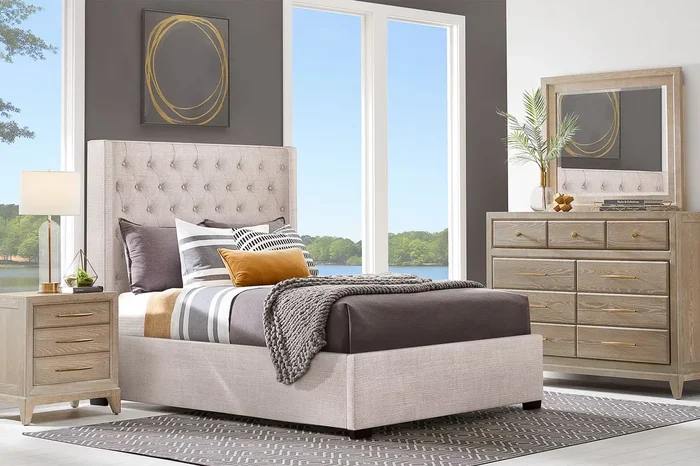 Cindy Crawford Kailey Park 7 Pc Light Oak Wood Taupe Beige King Bedroom Set With Mirror, 3 Pc King Bed, Drawer Nightstand, Dresser