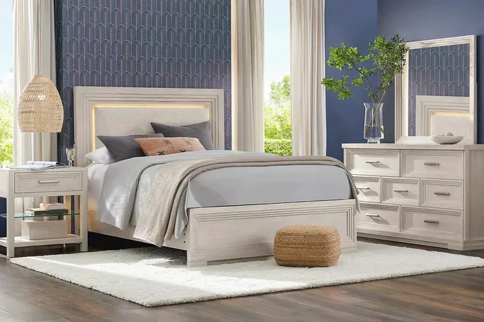 Cindy Crawford Royal Park 5 Pc Ivory Light Wood,White Polyester Fabric Queen Bedroom Set With Dresser, Mirror, 3 Pc Queen Panel Bed