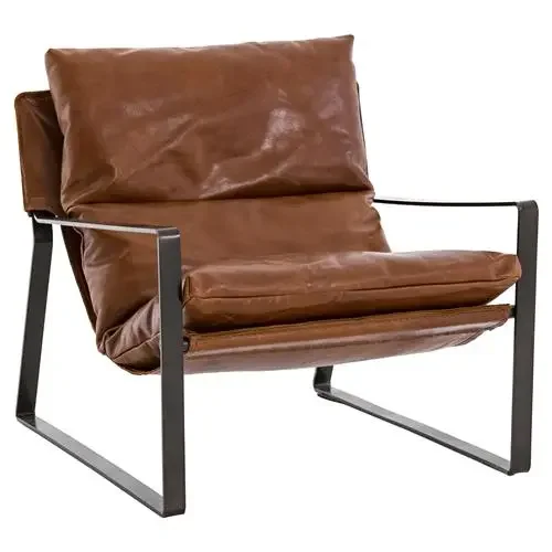 David Modern Classic Dark Brown Leather Black Iron Occasional Arm Chair