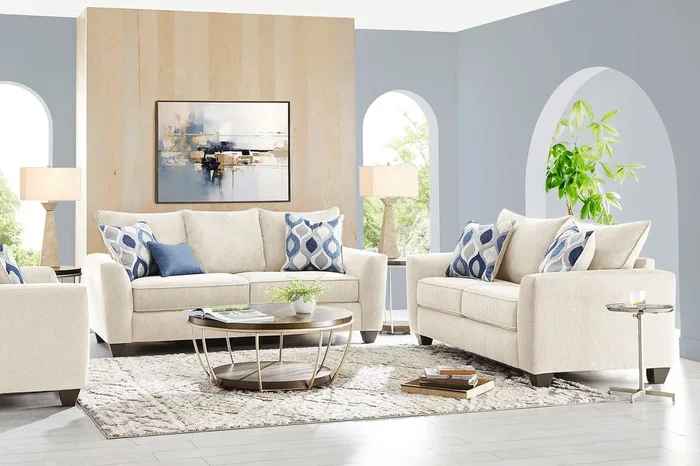 Dennin Heights 7 Pc Beige Woven Premium Sleeper Living Room Set With Loveseat, Sleeper, Table Set, Lamp