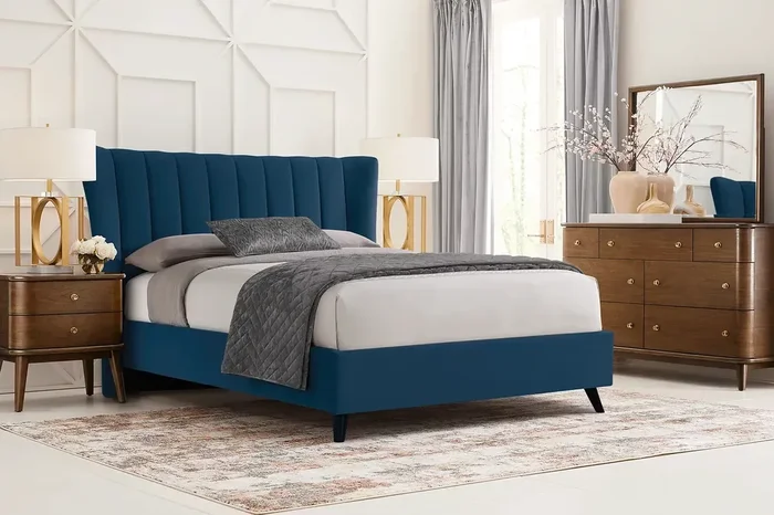Devon Loft 5 Pc Walnut Dark Wood Blue King Bedroom Set With Mirror, 3 Pc King Upholstered Bed, Dresser
