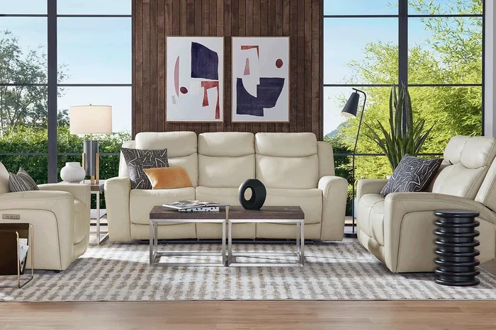 Drew & Jonathan Davidson 5 Pc Platinum Beige Leather Dual Power Reclining Living Room Set With Dual Power Reclining Sofa, Stationary Loveseat, 3 Pc Table Set