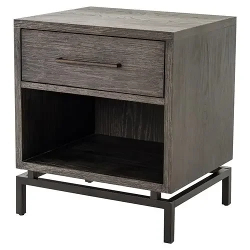 Erica Modern Classic 1 Drawer Grey Oak Wood Black Metal Base Nightstand