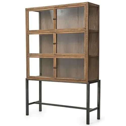 Hazel Industrial Loft Brown Oak Wood Black Iron Frame Glass Display Case