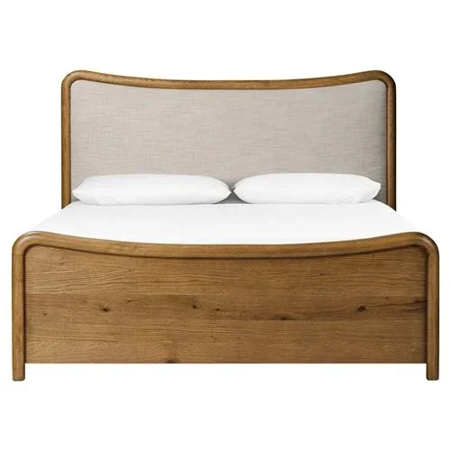 Holmes Rustic Lodge Beige Performance Brown Oak Curved Bed – Queen