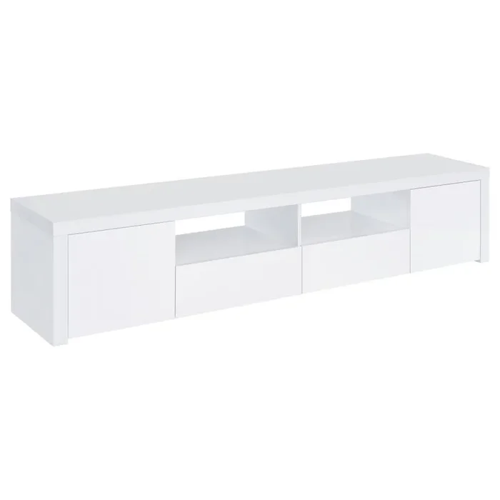 Jude 2 Door Engineered Wood TV Stand with High Gloss White Finish, Open Shelves & Soft-Close Drawers – Modern Media Console for Living Room Storage