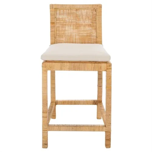 Layla Coastal Beach White Linen Natural Cane Woven Counter Stool