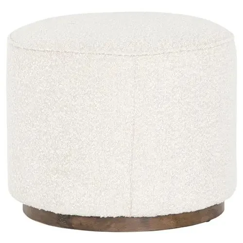Leah Modern Classic Cream Performance Boucle Brown Wood Round Ottoman – Small
