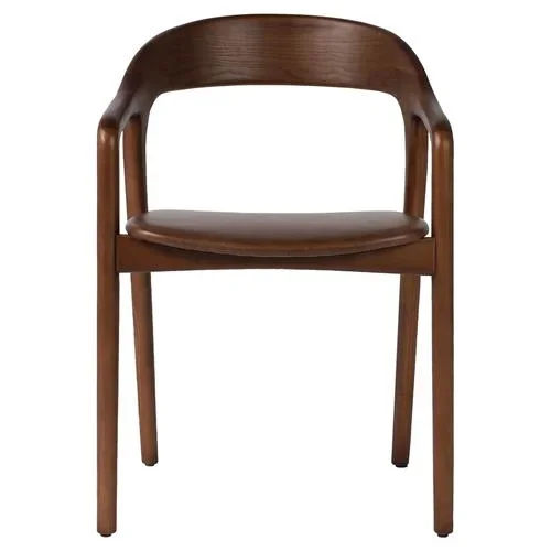 Nanda Rustic Brown Upholstered Leather Seat Solid Ash Wood Dining Arm Chair