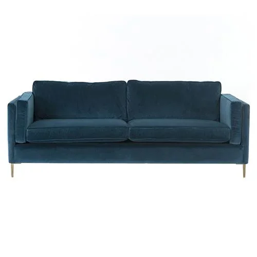 Nicholas Modern Classic Blue Upholstered Velvet Brass Aluminum Sofa – 84″W