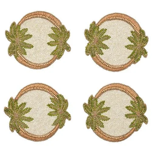 Oasis Global Brown Glass Beaded Green Palm Coaster – Set of 4