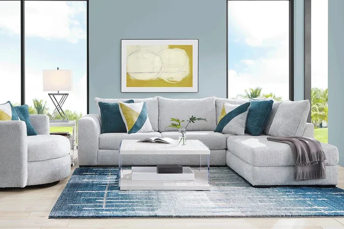 Perry 5 Pc Gray Woven Living Room Set With 2 Pc Right Arm Chaise Sectional, Round Cocktail Table, Round End Table, Lamp